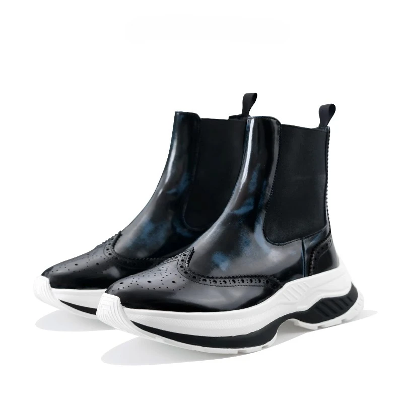 British Style Men Brogue Carved Chelsea Boots Elastic Side Genuine Leather Chunky Platform Sole Fashion Height‑Up Ankle Boots