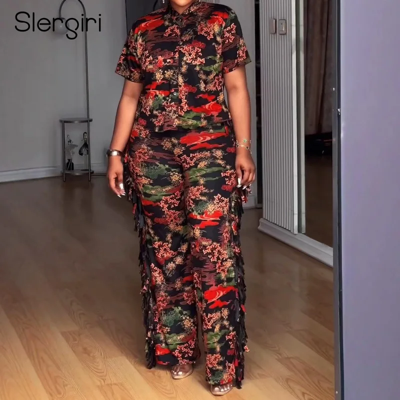 

Slergiri женские рубашки на пуговицах с короткими рукавами и цветочным принтом, брюки с бахромой, женский повседневный комплект одежды из двух предметов для отпуска