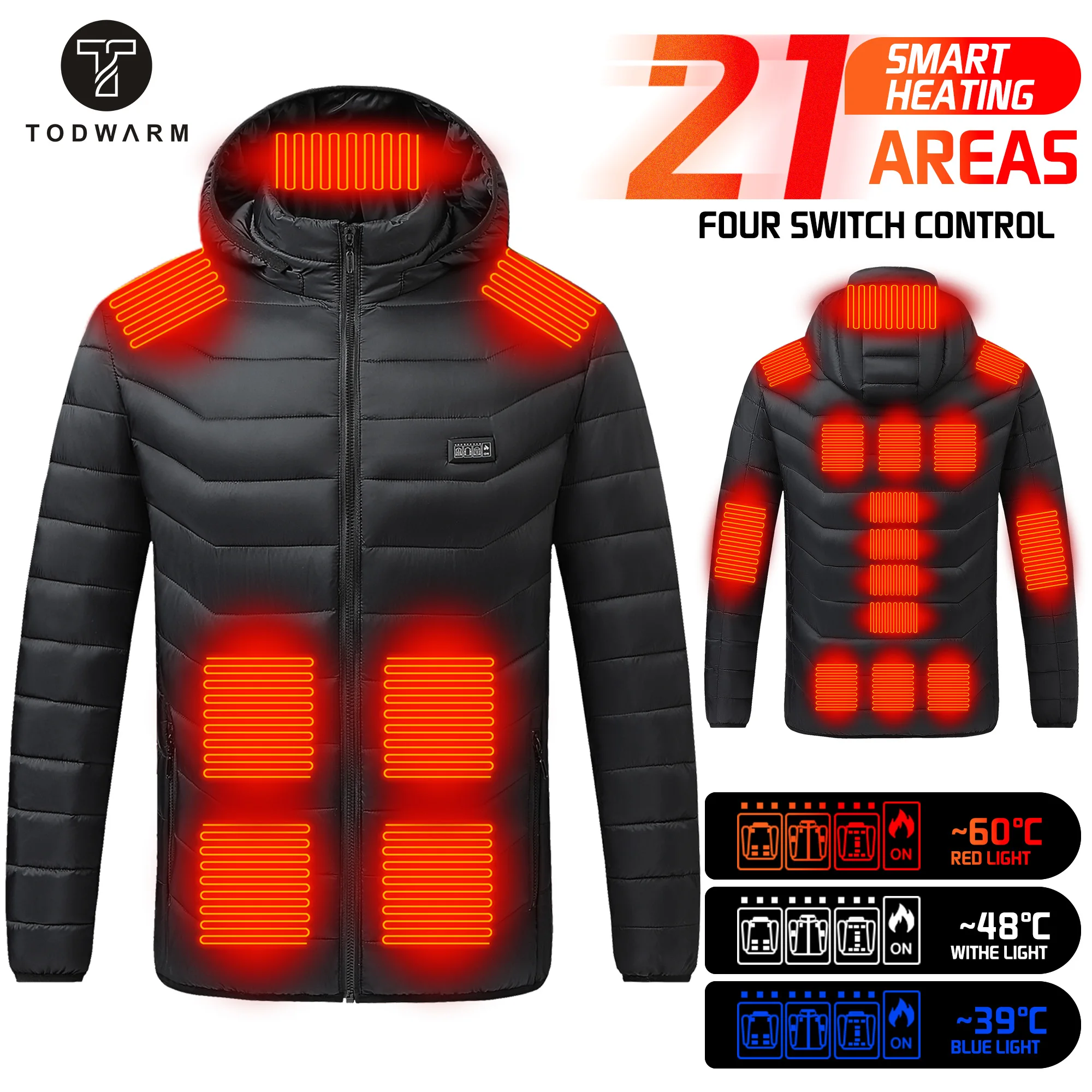 TODWARM-Chaqueta calefactora eléctrica con USB para hombre y mujer, chaleco térmico para motocicleta, 21 áreas, Invierno