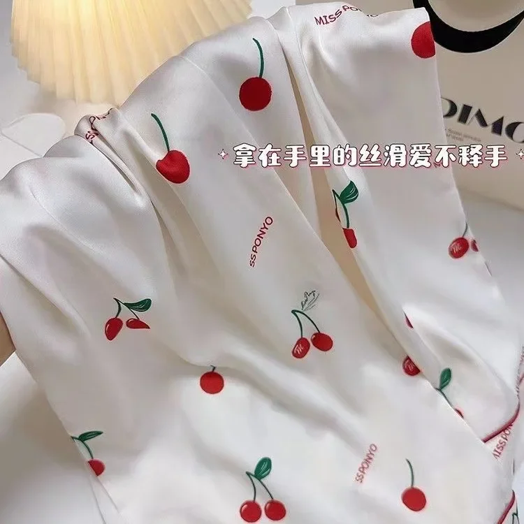 Ice Silk Pajamas Long Sleeves Spring and Autumn Style French Simple High-end Imitation Silk Small Cherry Home Clothes Suit