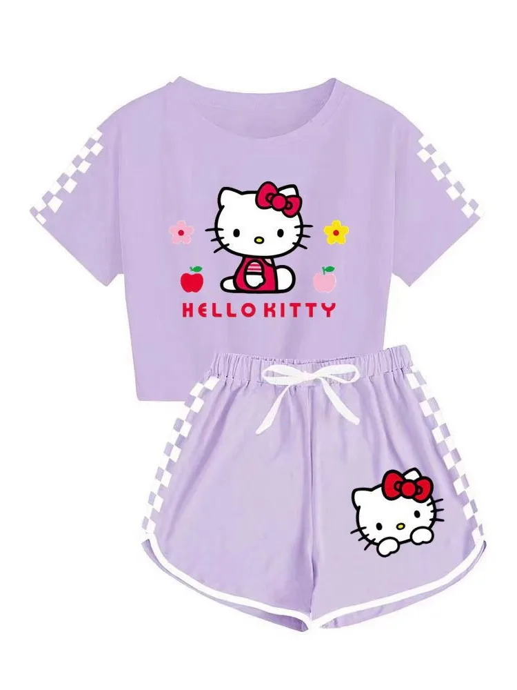 Sanrio-Conjunto de camisetas y pantalones cortos de dibujos animados, pijama suave de Hello Kitty, traje de gimnasio de manga corta, ropa deportiva de verano, regalo para niñas