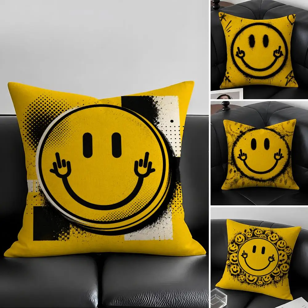 Symbol Smile Face Cushion Cover Natural Linen Pillowcase Set, All-in-One Decor for Sofa, Bedroom & Chair