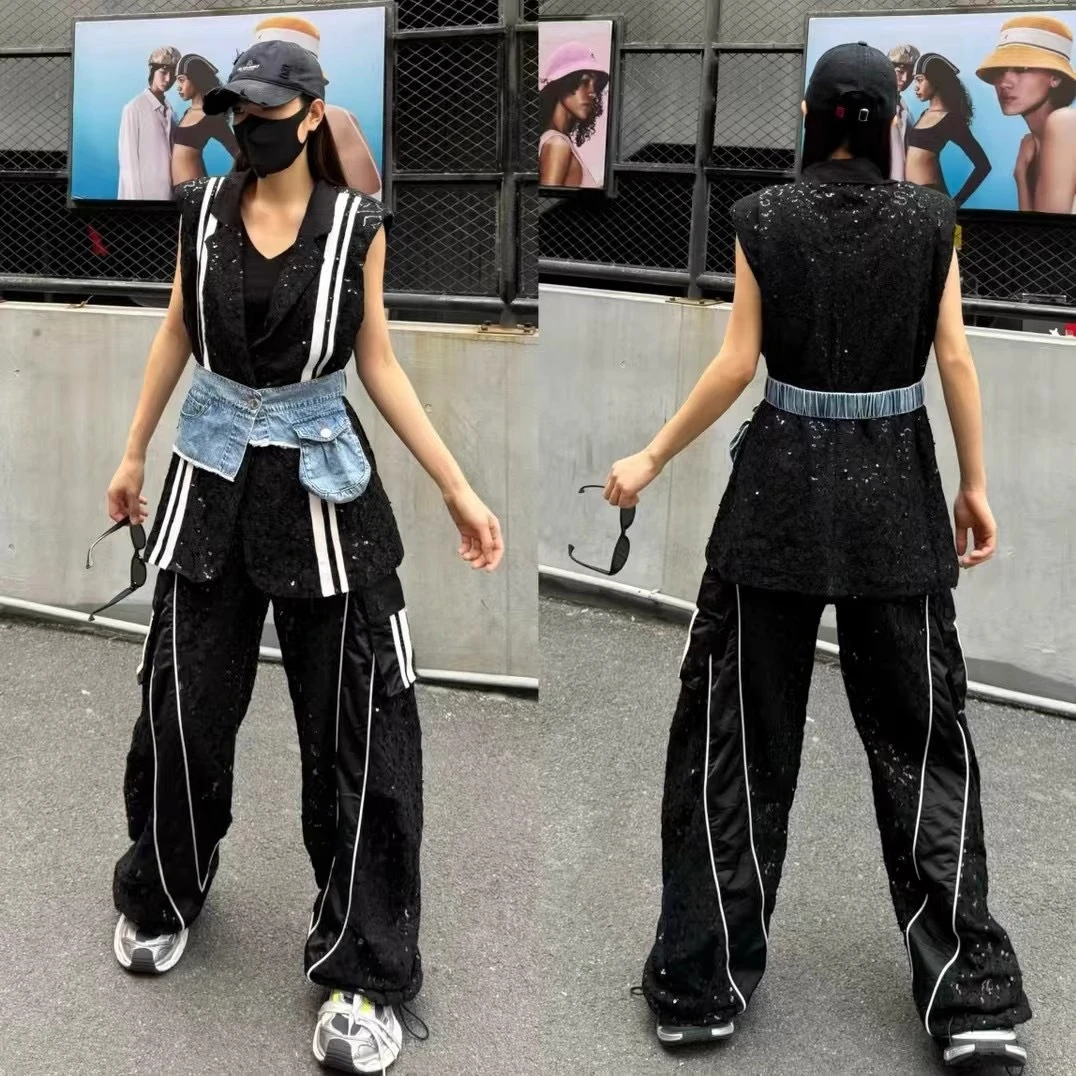 European Lace Scimitar Pants Women's 2025 Summer New Personalized Denim Splicing Pocket Loose Banana Trousers Balck Pants