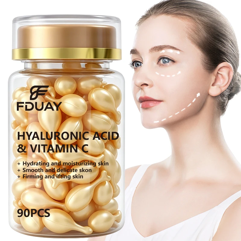 Cápsulas de Sérum de Vitamina C e Ácido Hialurônico FDUAY para Hidratação Profunda, Suavização da Textura da Pele e Melhoria da Tez