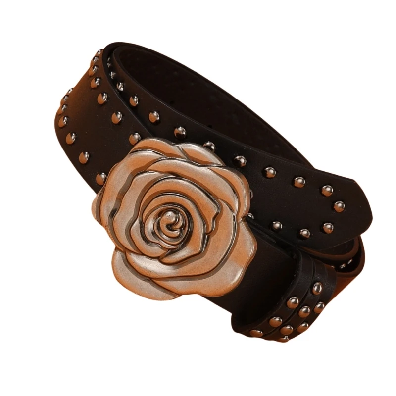 652F Elegant Carved Flower Belt with Rivet Studded Adult Women Waistbelt for Dresses