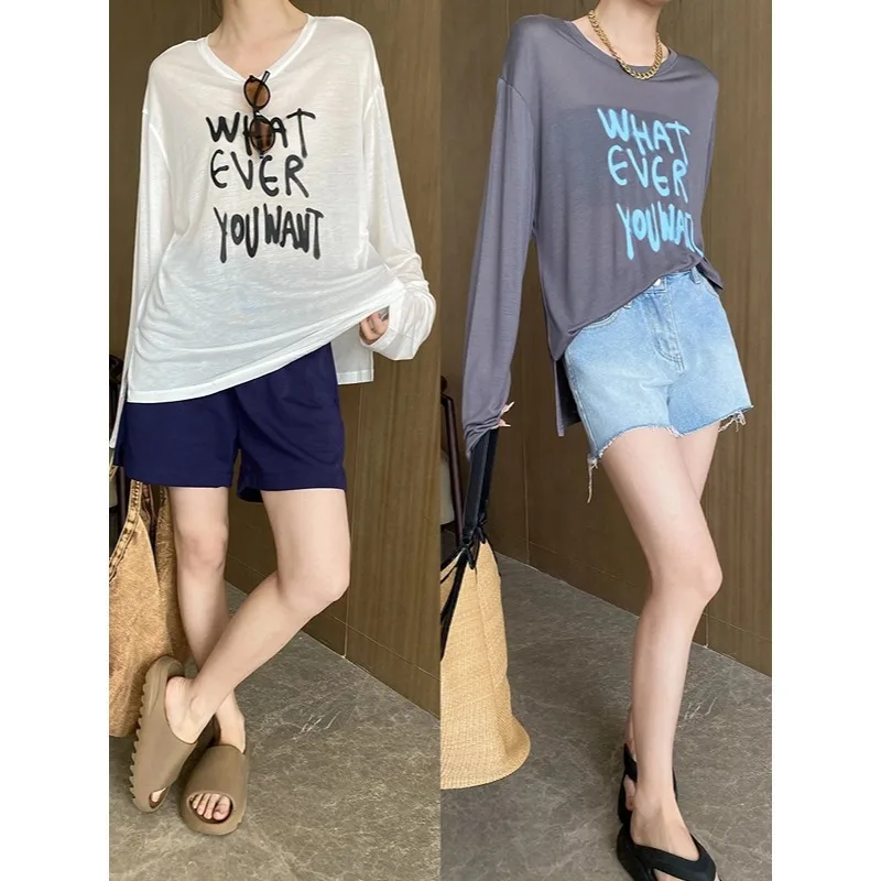 Slightly Letter Print Loose Long-sleeve T-shirt Long Sleeve T Shirt With Blue Graffiti Text Women Casual Streetwear Style 4MH4