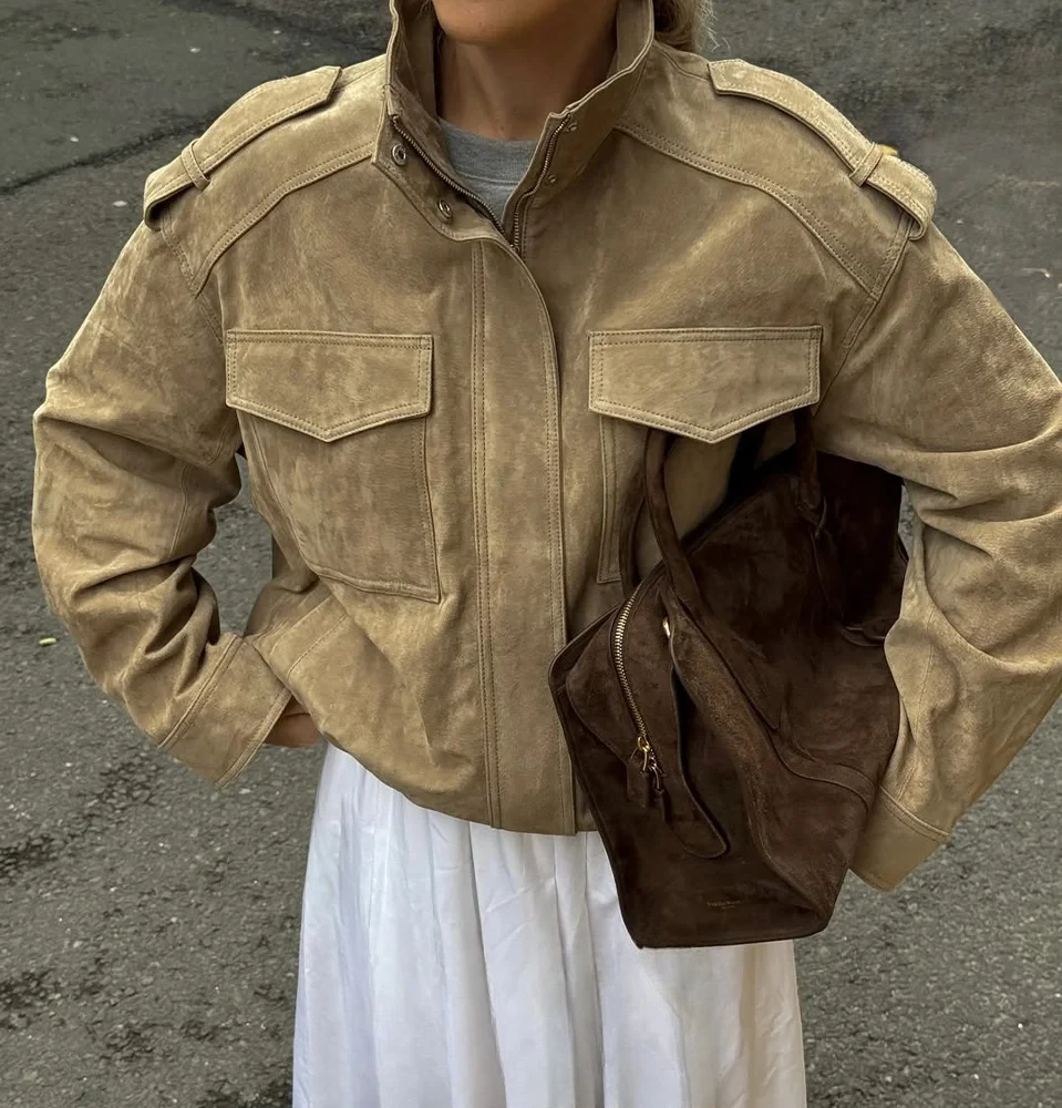 

Women Casual Suede Jacket Standing Collar Pockets Loose Jacket Coat 2025 Fall Winter Fashion High Street Lady Jacket