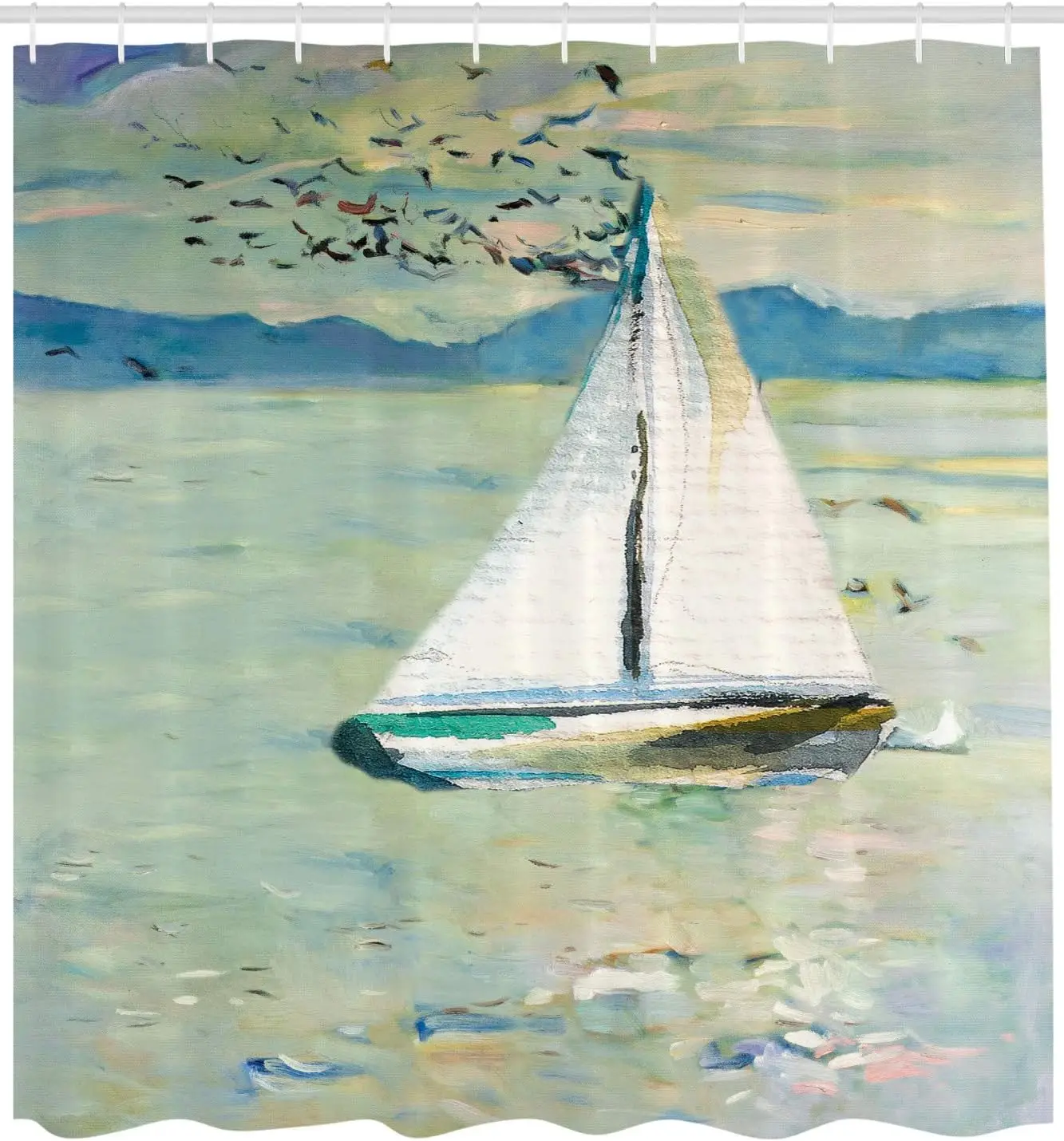 

Art Shower Curtain, Monet Sailing Boat Yacht Birds Watercolor Brushstroke Composition, Cloth Fabric Bathroom Decor Set