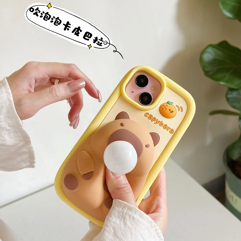 Japan Korea INS Cute 3D Hot Blowing Bubble Capybara Silicone Case For iPhone 15 14 Pro Max 13 12 ProMax 11 Soft Phone Cover kids