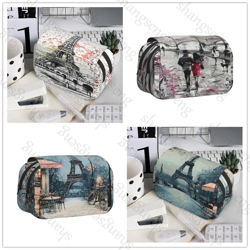 

Double Layer Flip Pencil Bag School Supplies Children's Pencil Box Storage Cosmetic Bag Gift Eiffel Tower, Paris