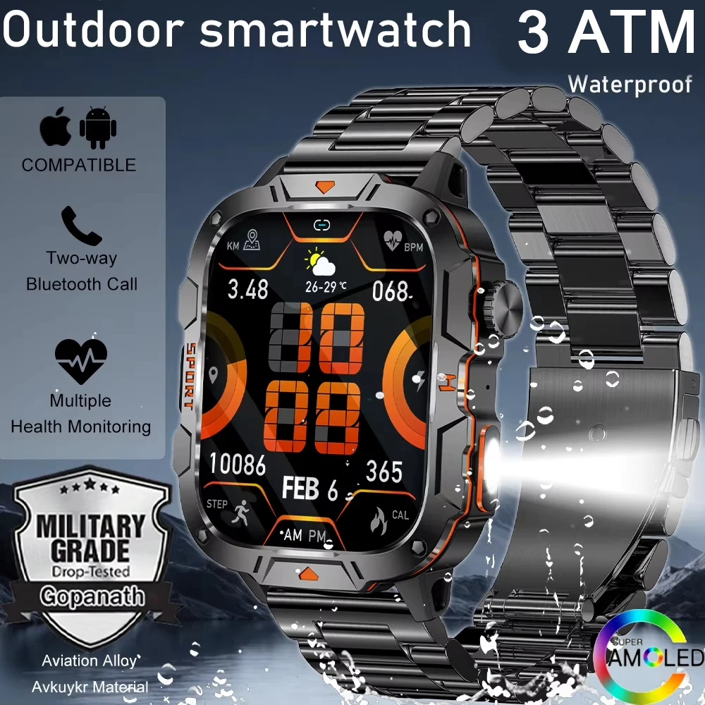 

2025 New GPS Tracking Smart Watch LED Flashlight 1.96inch HD Screen Compass BT Call Waterproof Sport Smartwatch For Android iOS