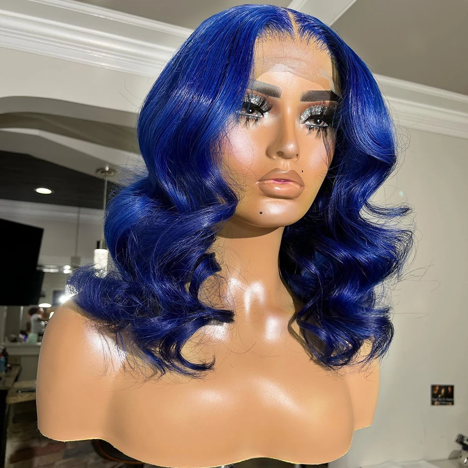 Carisma peruca dianteira do laço sintético curto bob corte peruca frontal pré arrancado linha fina cor azul peruca sem cola uso diário cosplay