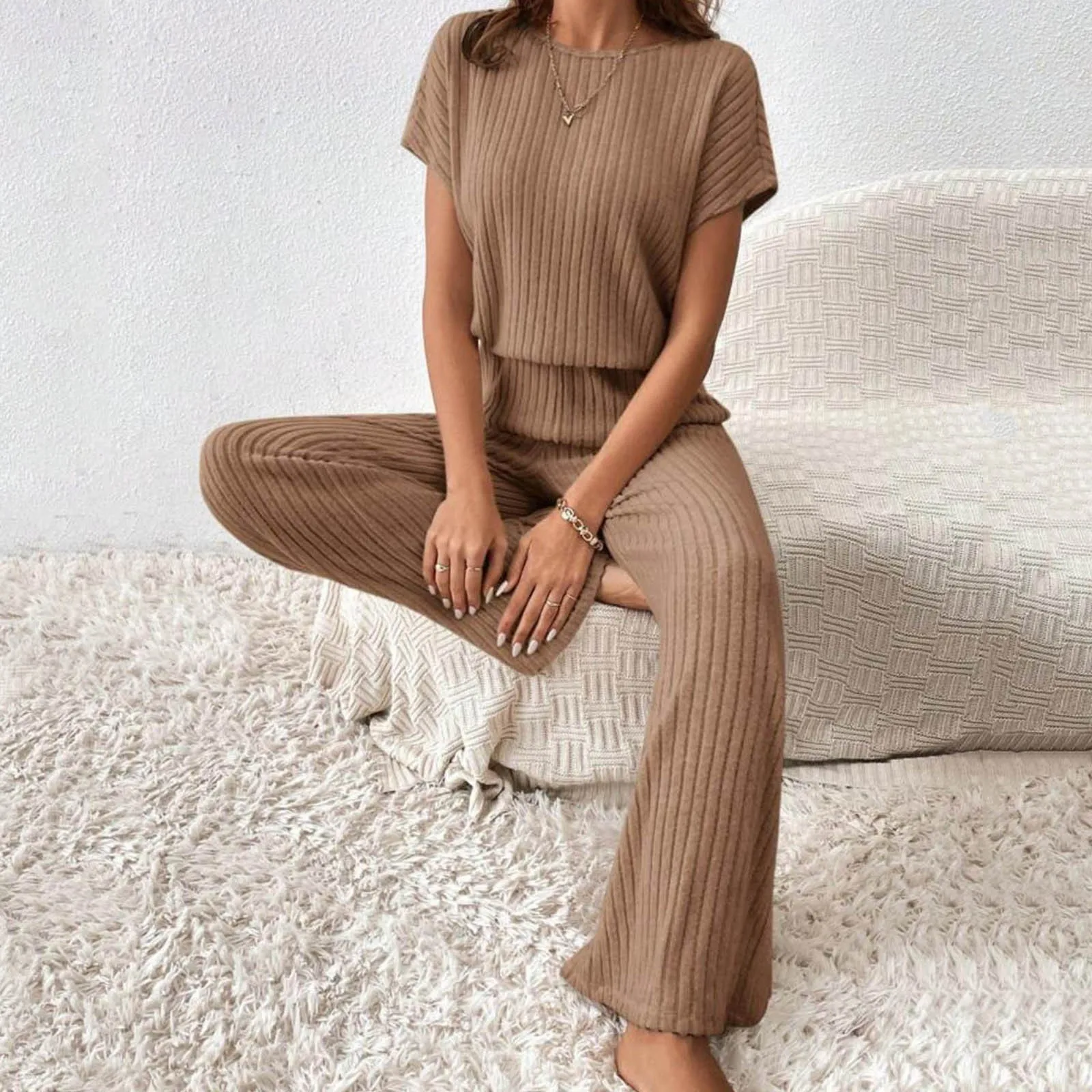 Pit Stripe Knit Flare Pant Set Slim Short Sleeve Pullover T-shirts Two Piece Set For Women Solid Simple Sweatershirt Home Suit