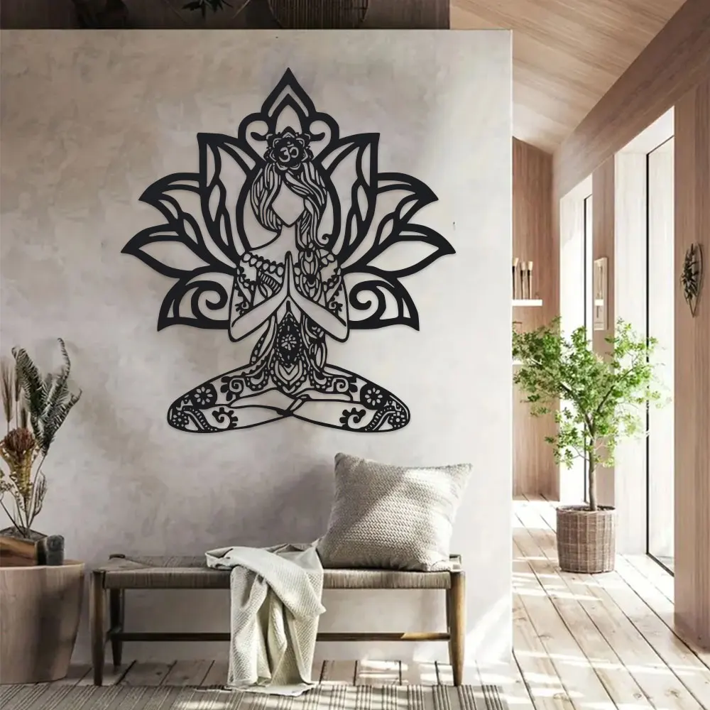 Böhmische Metall-Wandkunst für Lotusblumen – 39,9 x 39,9 cm große Zen-Eisendekoration mit aufwendigem Mandala-Design, böhmische Heimdekoration