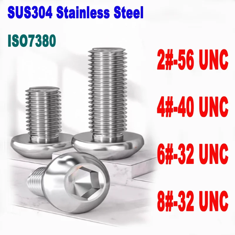 

ISO7380 Allen Key Bolts 2#-56 4#-40 6#-32 8#-32 UNC SUS304 A2 Stainless Steel Hex Socket Button Round Head Screws