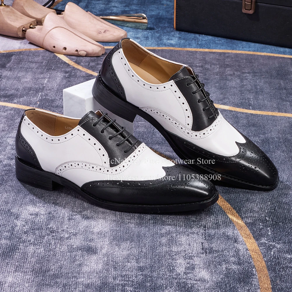 Black White Two-Tone Wingtip Brogue Oxfords Classic Men Lace up Leather Formal Shoes Business Wedding Party Dress Shoes for Men