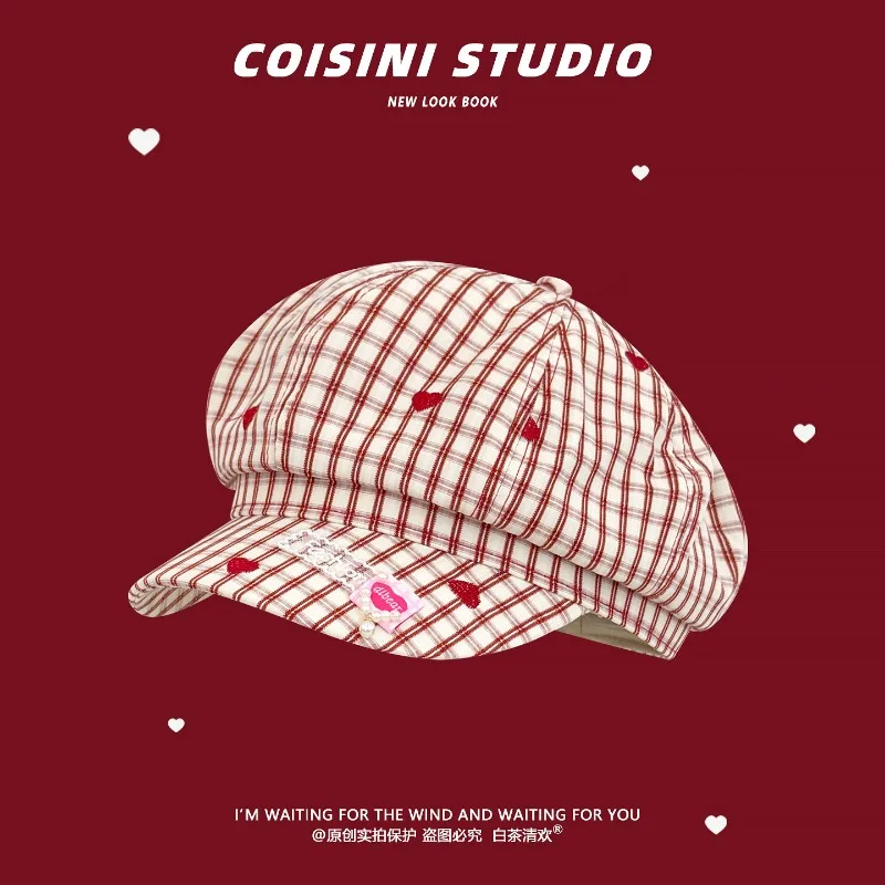

Korean Small Fresh Love Embroidered Plaid Beret Women's Spring and Summer Literary and Artistic Versatile Sunshade Newsboy Caps