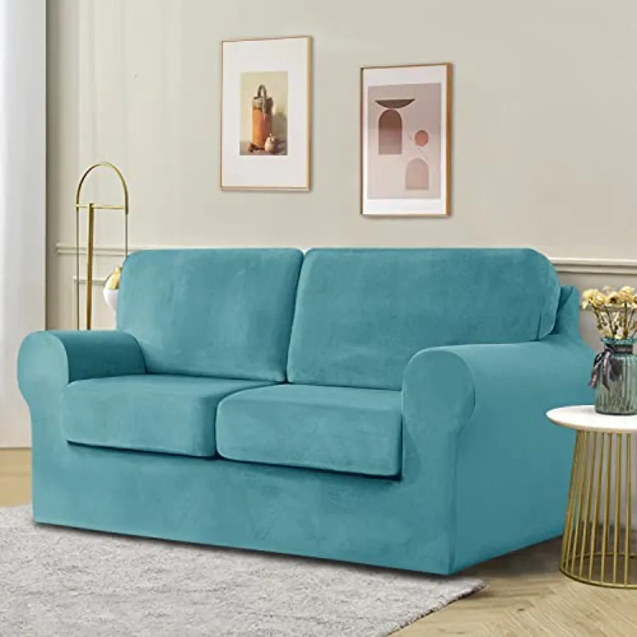 

5 Pieces Velvet High Stretch Sofa Covers for 2 Cushion Couch Sofa Slipcovers, Washable Furniture Protector with Drawstring Anti