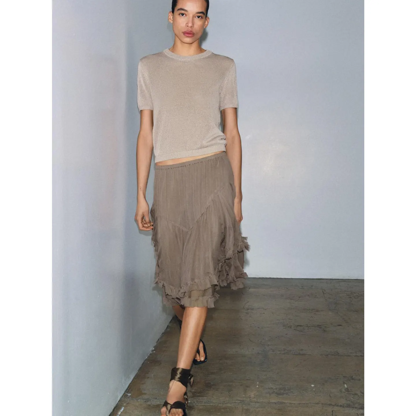 Asymmetrical Hem Midi Skirt Women's mid Waist Layered Decorative New Summer Skirt Standard Fit Polyester Fiber Washed
