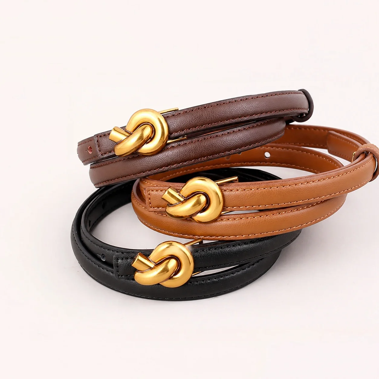 Women's Genuine Leather Belt Retro Gold Interlocking Metal Buckle Thin Waist Strap for Jeans Pants Skirts Dress Skinny Waistband