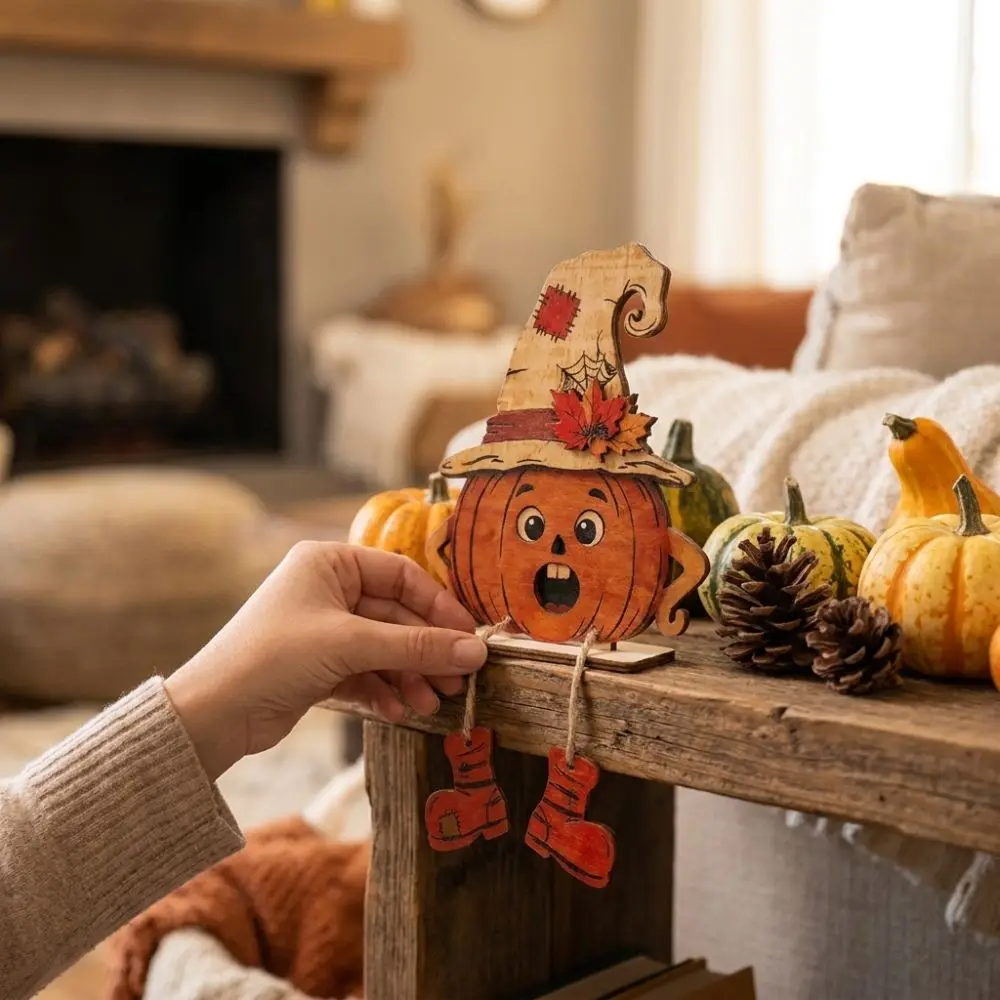 3Pcs 2D Flat Pumpkin-Shaped Wooden Ornaments Vintage Hand Painted Halloween Pumpkin Figurine with Legs Stable Base