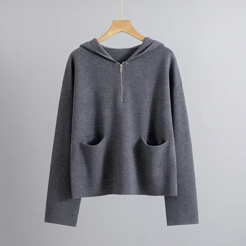 Pure Wool Half-zip Hooded Loose Sweater Women Pullovers