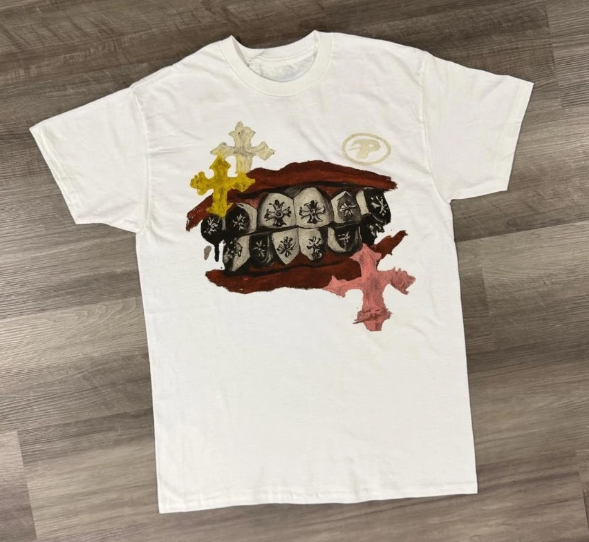2026 Retro Punk Style Crew Neck T-shirt for Men Women Creative Lips and Diamond Teeth Pattern with Multi Color Cross Print Loose
