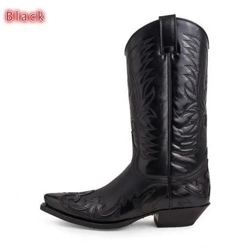 Black White Patchwork Wings Embroidery Men Mid Boots Wooden Chunky Heels Slip On British Boots for Man Vintage Botas Hombres