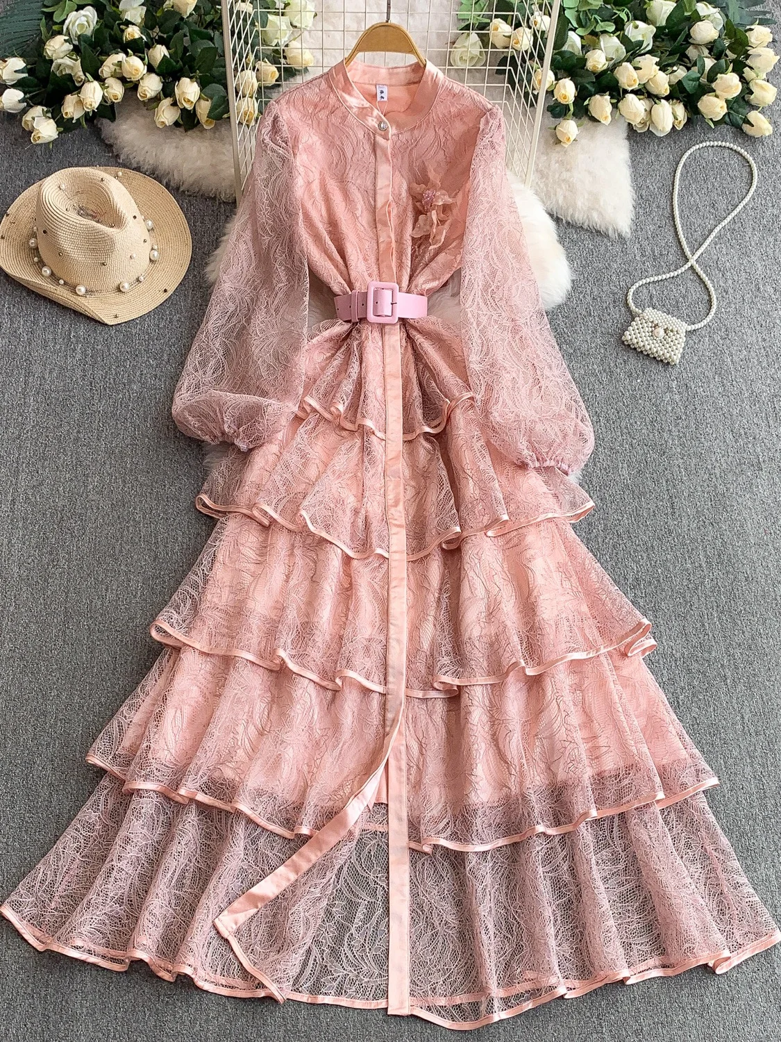 Vestido F E de Renda Floral com Manga Longa e Gola Alta, Estilo Camadas, Cintura Alta, Estilo Coreano, para o D...