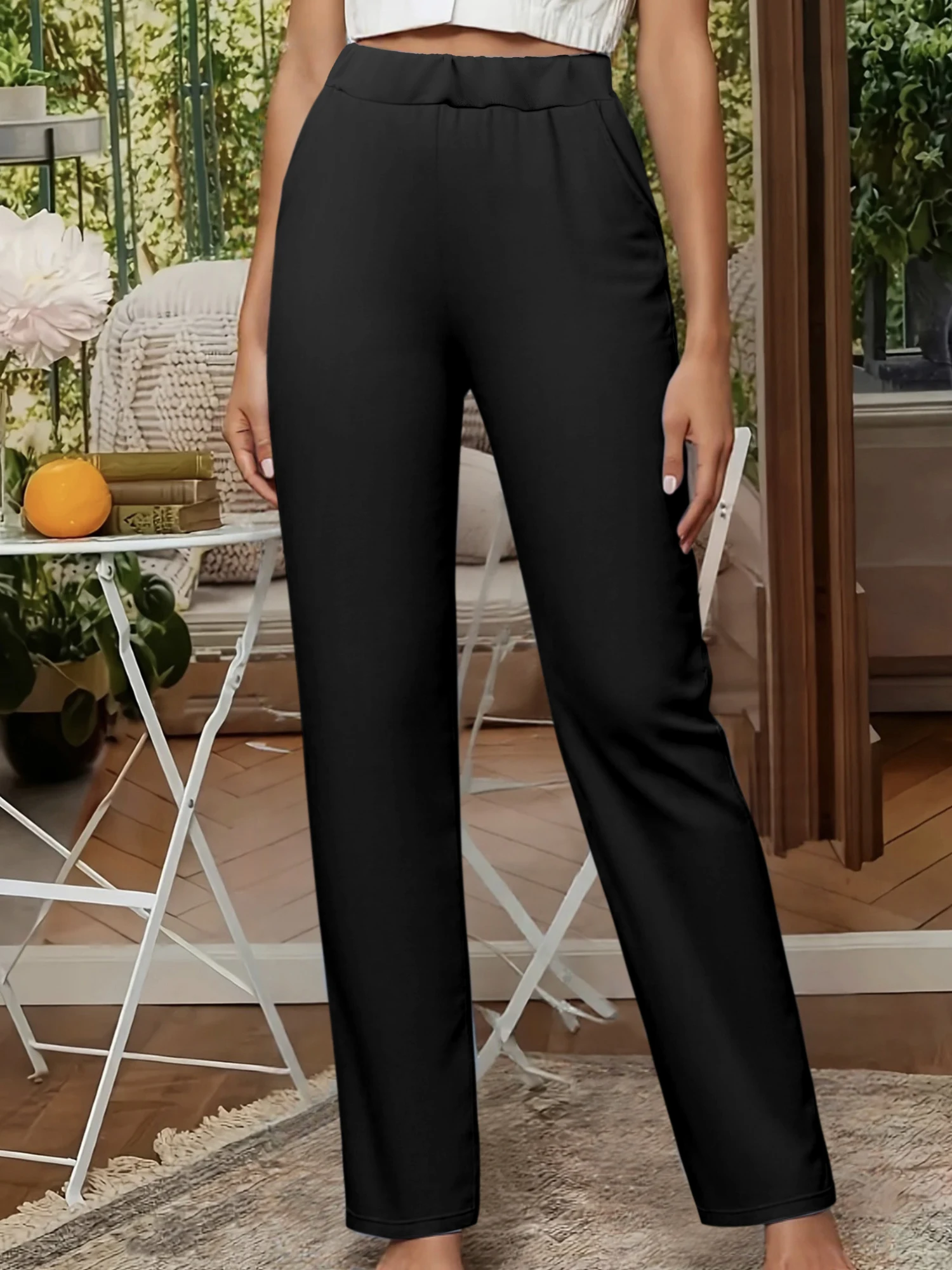 

Женские летние брюки с высокой талией и широкими штанинами, свободные брюки с эластичным поясом и карманами, дышащие повседневные штаны