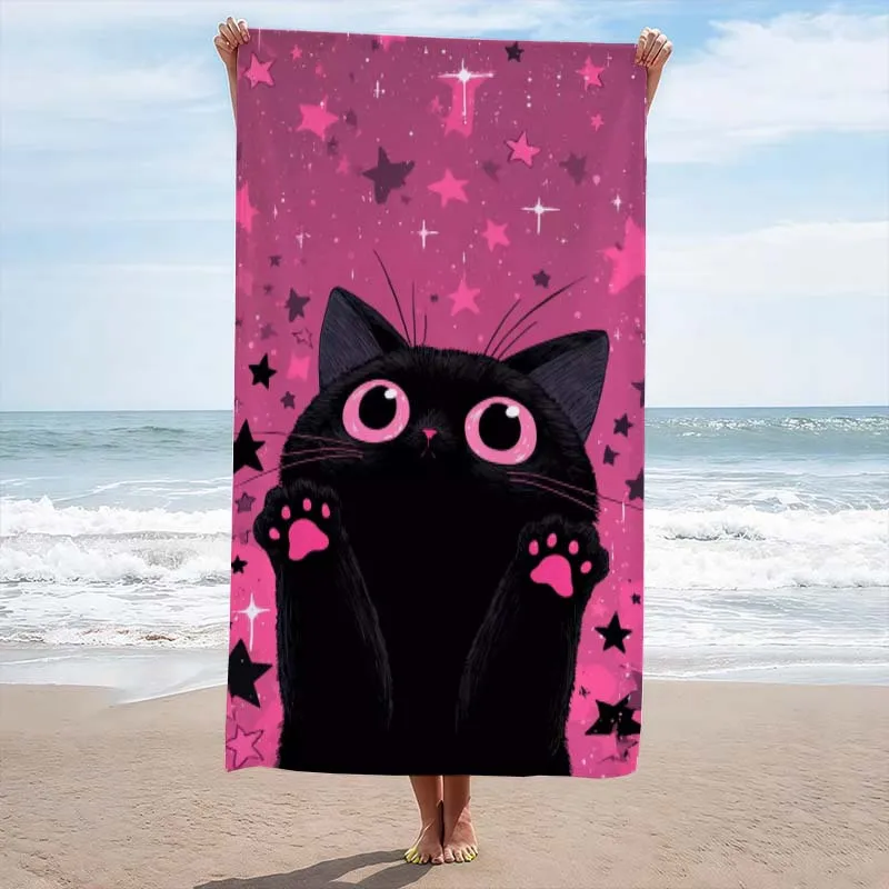 Little Black Cat Says Hello Pattern Beach Towel, Super Absorbent Beach Towel, Trendy for 2026 New Year,Comfortable and Practical