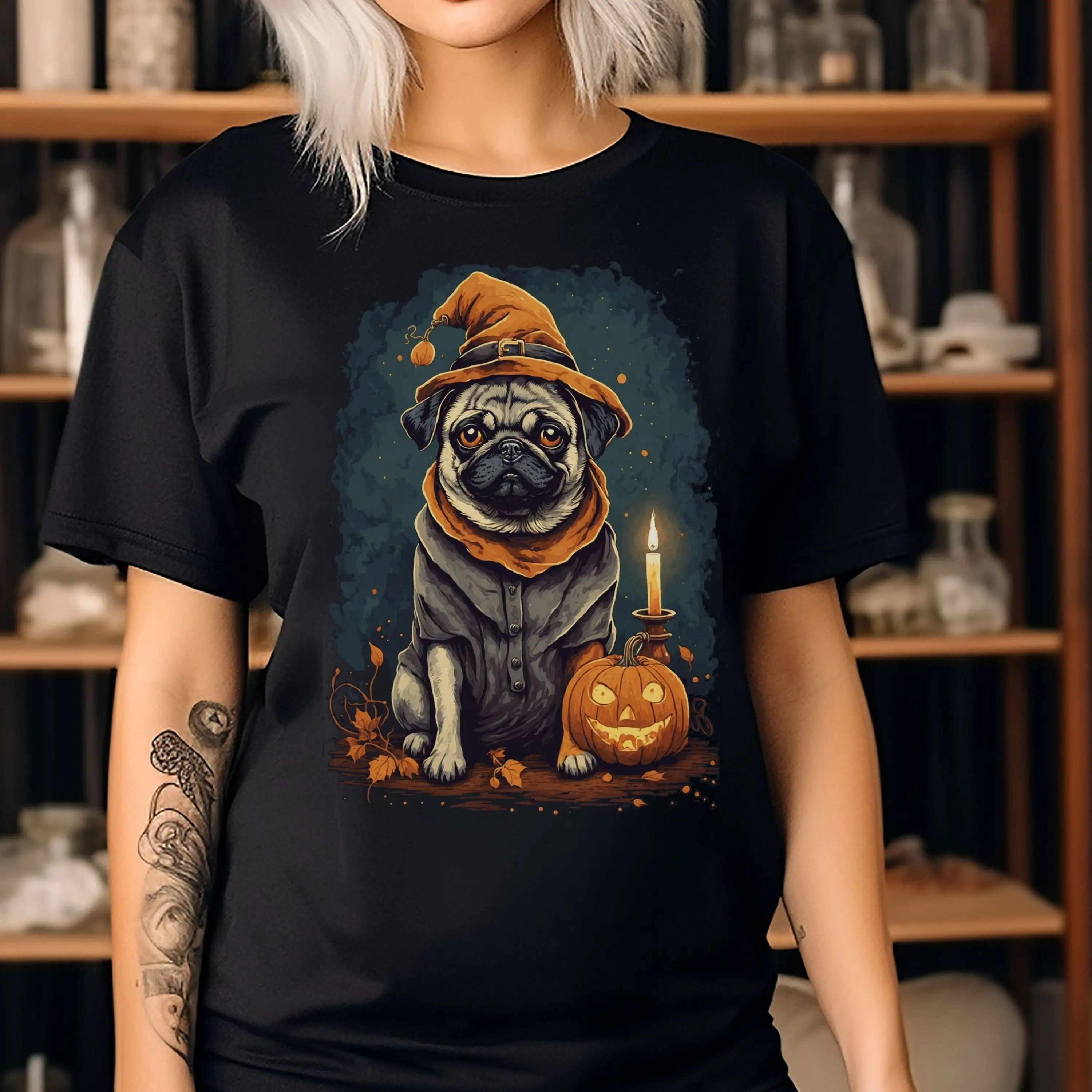 Retro Halloween Pug Dog Cute Occult Magical Candlelit Atmosphere T Shirt Design lovers owners