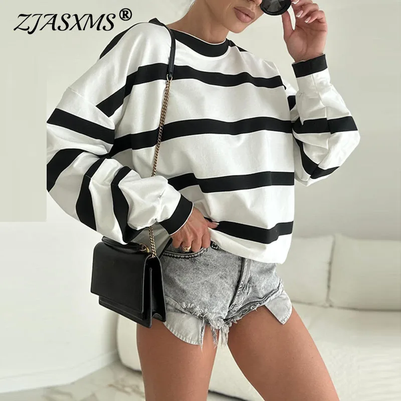 Y2K Hoodies Casual Striped Print Sweatshirts Woman Fall Round Neck Loose Top Pullover 2024 Winter Long Sleeve T-shirt Sweatshirt