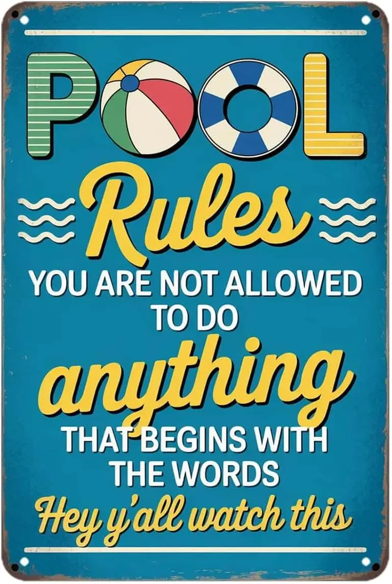 Funny Swimming Pool Rules Tin Sign Decor Metal Wall Art Poster Vintage Metal Signs Wall Decor for Kitchen Bar Cafe Bedroom Home