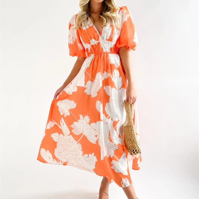 Fashion Boho Floral Print Long Dress For Women New Spring Summer Short Sleeve V Neck Elegant Style Maxi Dresses Robe Femme