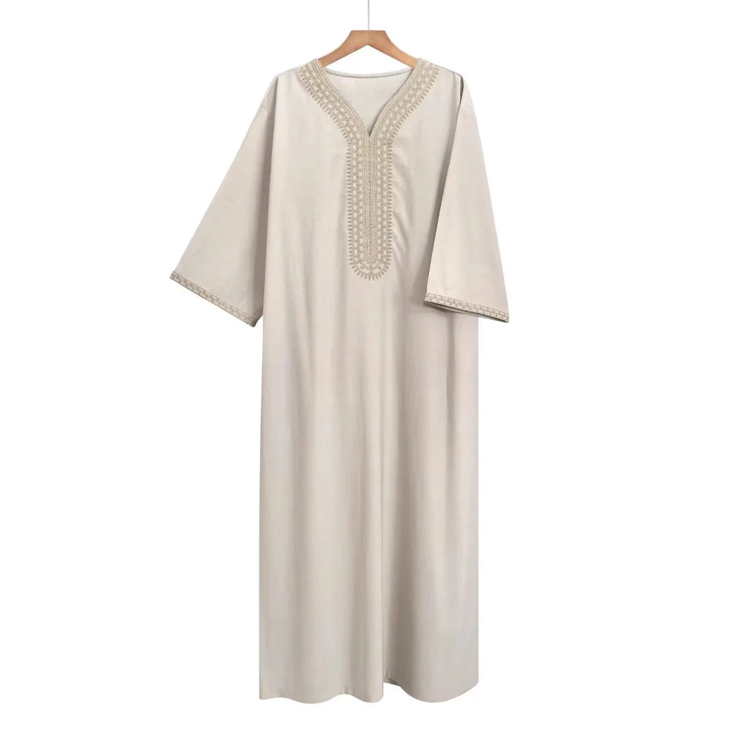 

2025 New High-end Embroidered Thobe Men's Clothing Muslim Mid-sleeve Linen Robe with Pockets Ramadan Dubai Luxury Islam Elegant