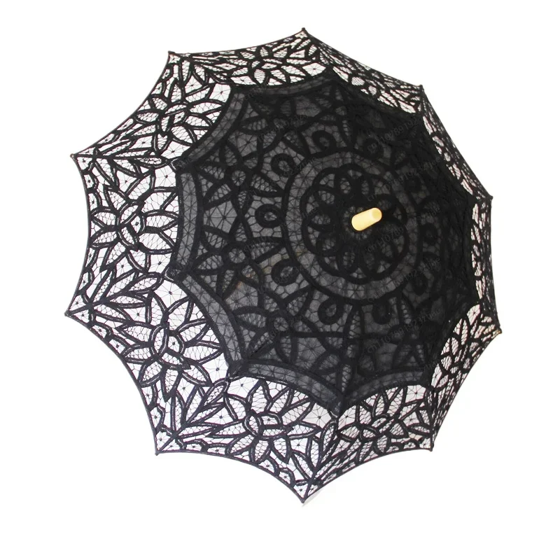 JMZ Umbrella Lace Sun Umbrella for Women Vintage Embroidery Wooden Handle Straight Long Parasol Princess Style Outdoor Beach