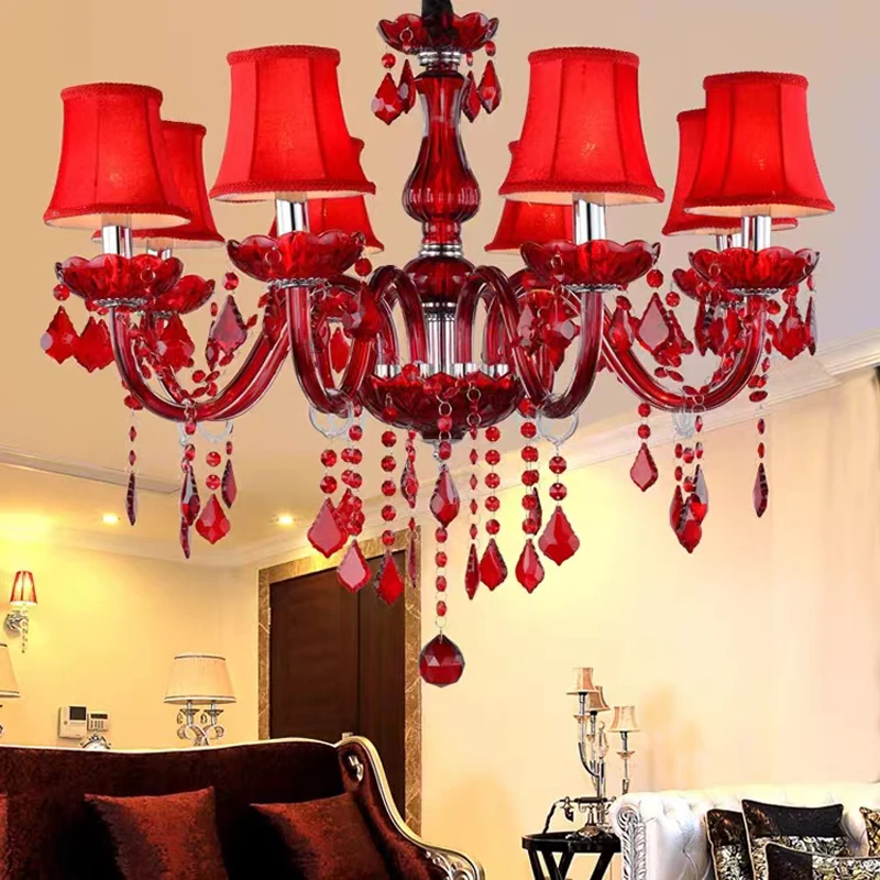 Red Candle Chandelier With Lamp Lampshade Glass Hanging Lights 6/8 Head Wedding Lighting Crystal For Chandelier Home Decorations