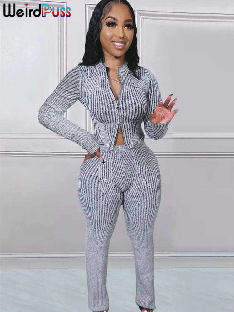 

Weird Puss Crochet Ribbed 2Piece Set Women Double Zipper Cardigan Jacket+Skinny Straight Pants Autumn Trend matching Casual Suit