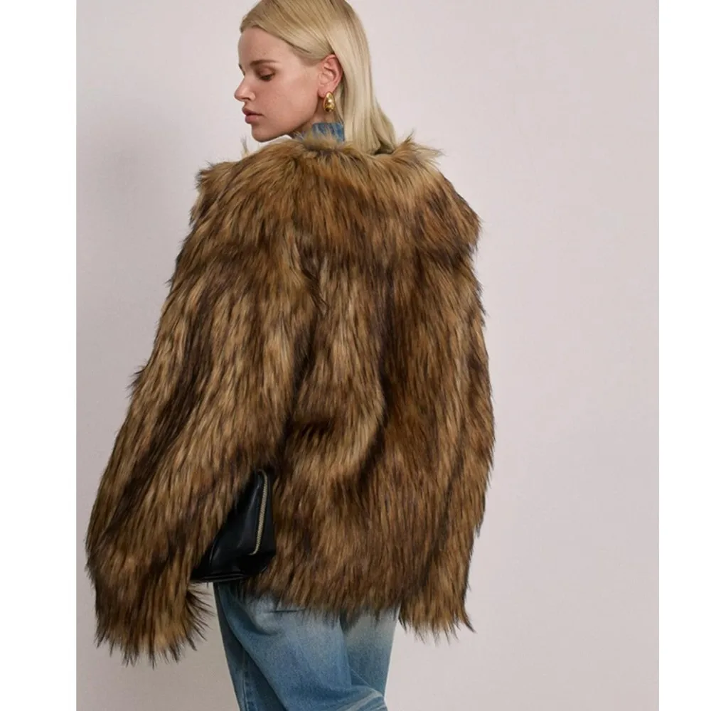 Winter Brown Gradient Long Hairy Shaggy Raccoon Faux Fur Coat Full sleeve Furry Women Big Lapel Furry Loose Outerwear