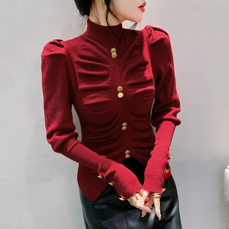 MadBlack European Clothes Sweater Women Turtleneck Slim Knit Tops Long Lantern Puff Sleeve Slit Pullover Winter Fall T3N204JC