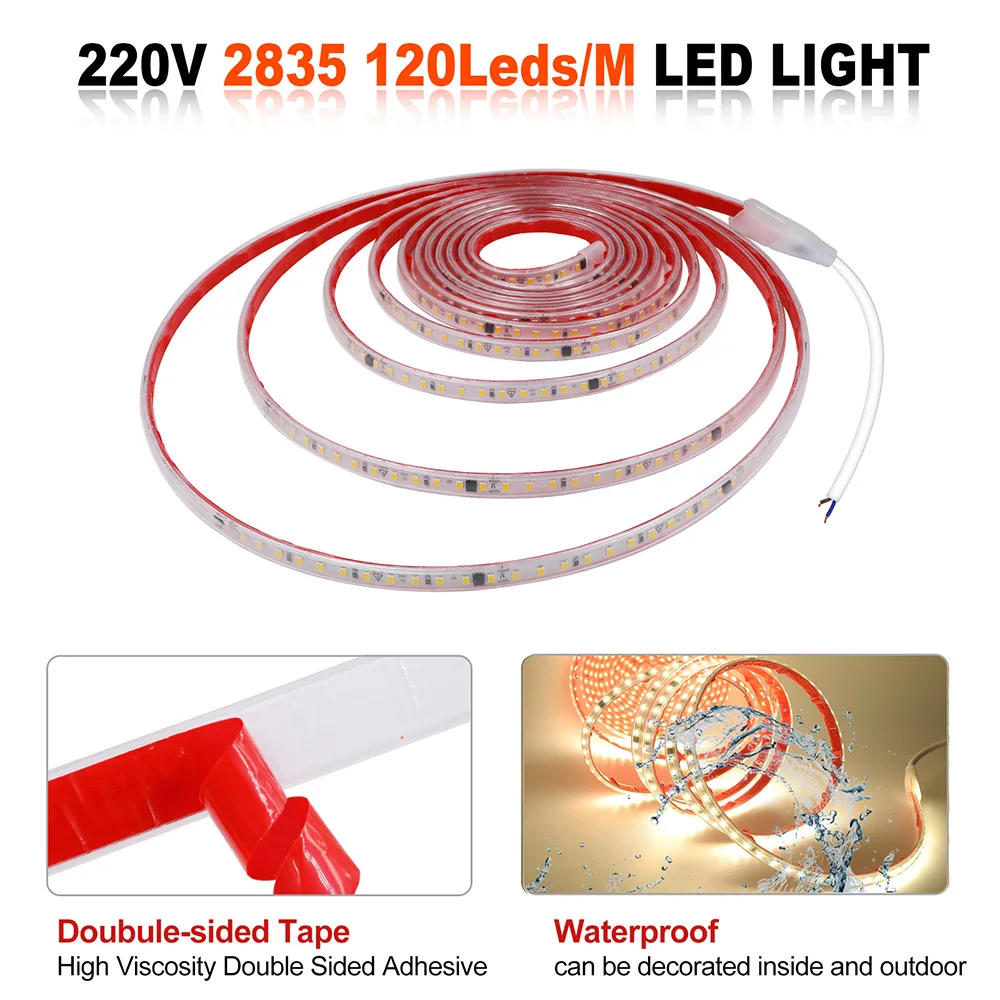 AC 2835 Led Strip Lights 220V 230V 0.5m 1m 2m 5m 10m 20m 30m High Brightness 120LED Flexible LED Diode Adhesive Tape Waterproof