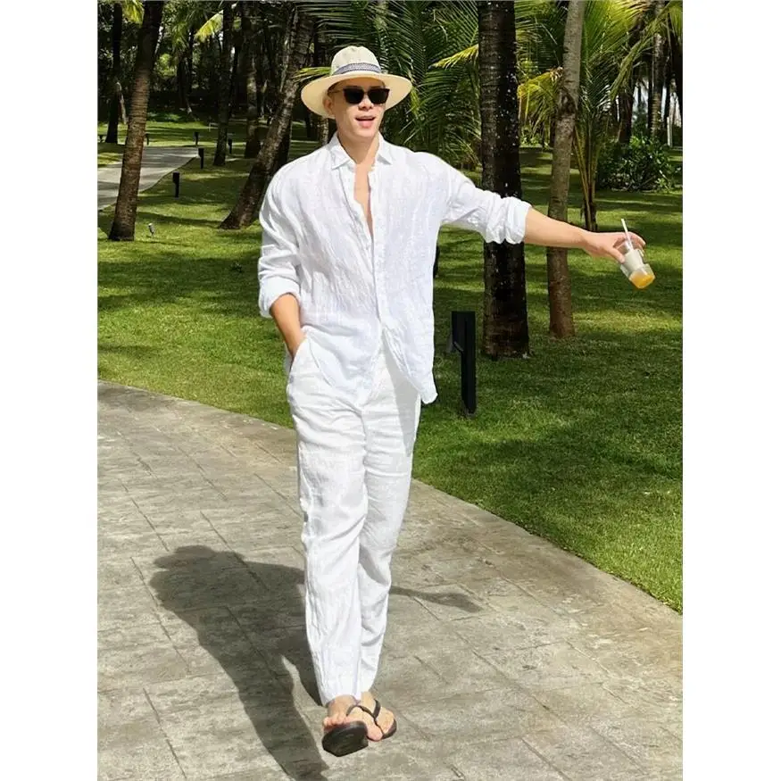 

High-End Casual Cotton Linen Shirt Set Men's Stand Collar Mid-Sleeve Shirt Leisure West Pants Two-Piece Set New Chinese Style