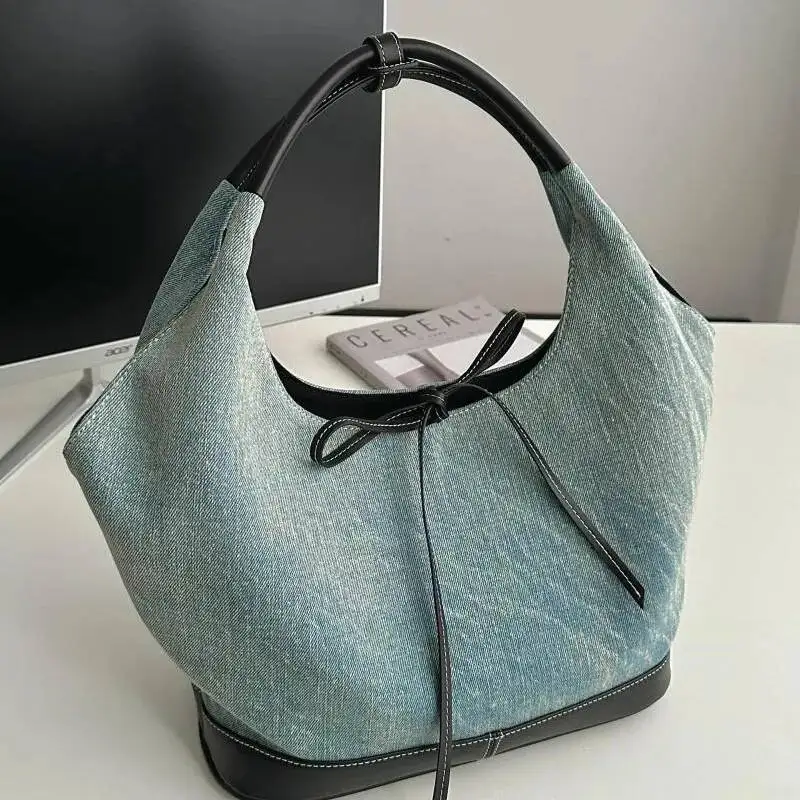 

Bloom Vintage Bow Denim Handbag Women New Haruku Patchwork Chic Casual Shoulder Bags Ladies Hot Girls Blue Underarm Bag Y2k