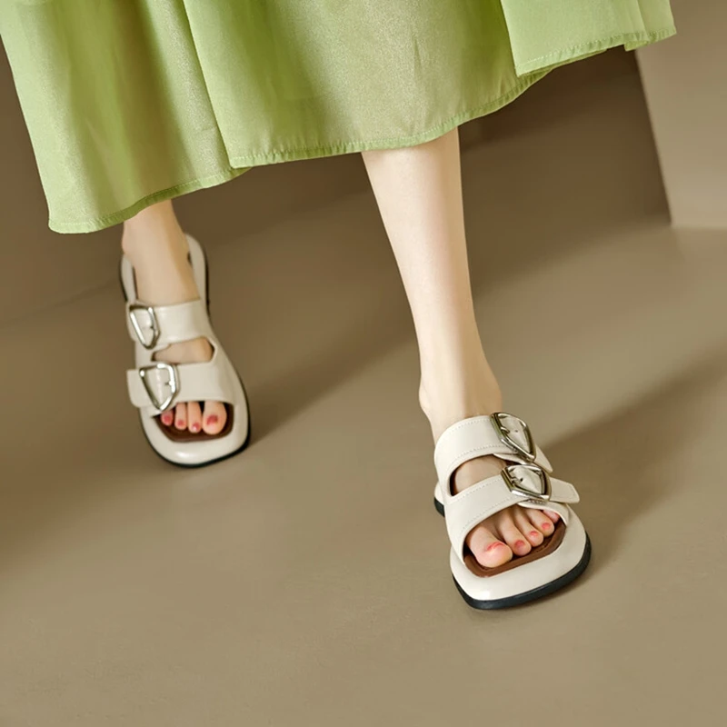 NEW Summer Women Slippers Split Leather Shoes for Women Square Toe Low Heel Women Sandals Casual Open Toe Metal Buckle Slippers