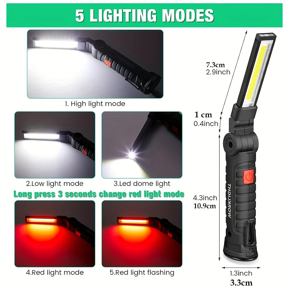 2Pack Rechargeable LED Work Lights with Magnetic Base, 360° Rotation COB Flashlight  for Car Repair Camping LED Torch Work Light