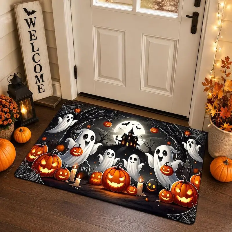 VIKAMA Halloween Holiday Doormat Ghost Pumpkin Bat Night Scene Non‑Slip Floor Mat Indoor Outdoor Entrance Festival Home Decor