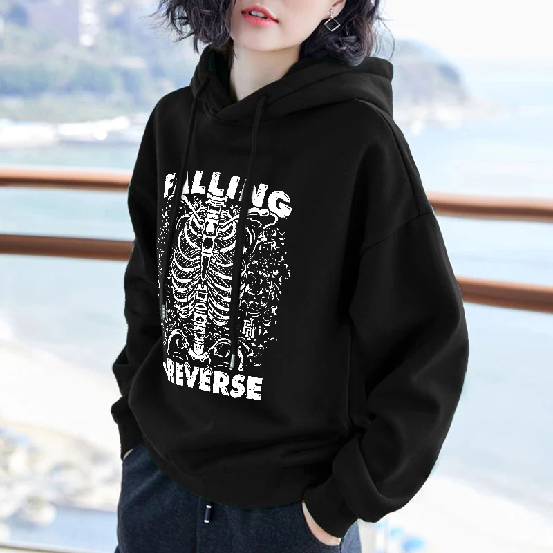 Hip Hop Harajuku Casual Loose Pullover Y2K Fashion Gothic Retro Hoodie High Street Punk Creative Skull Pattern Print Sweatshirts