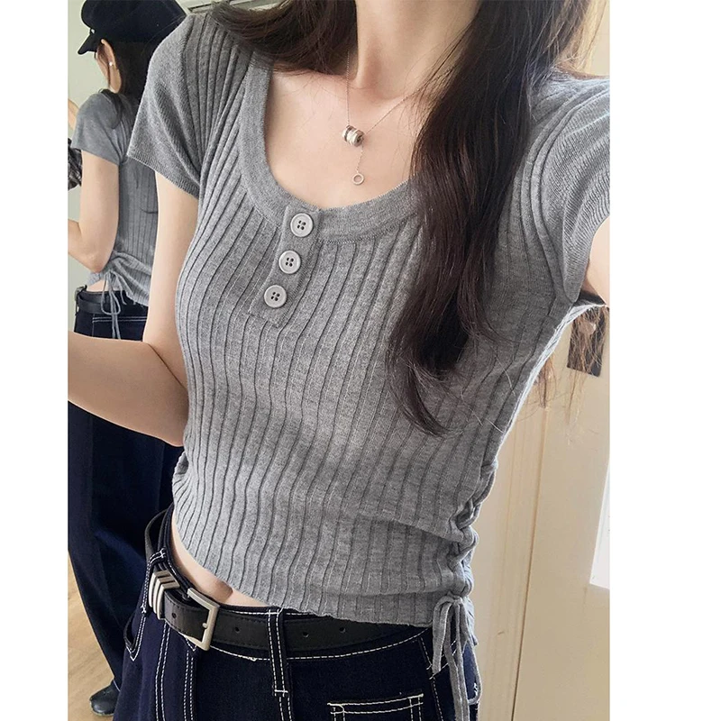 Summer Elastic Short Sleeve Knitted Tops T-Shirts Temperament Cropped Top Women Korean Fashion Skinny Slim-Fit Tees Shirts Girls