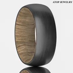 8mm Black Tungsten Whiskey Barrel Wood Brushed Men Wedding Band Ring ATOP Jewelry